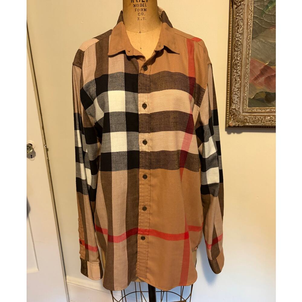 Burberry Brit Mens XL Mega nov Check Camel Plaid Cotton Button Up Shirt